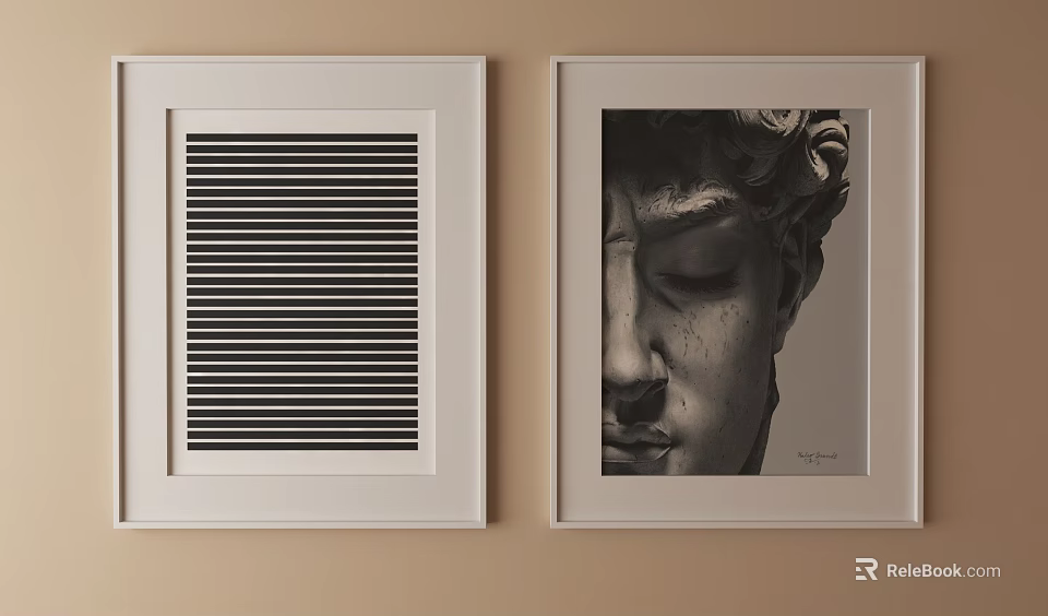 Two Framed Wall Art Pieces With Striped Design And Sculpture Portrait 3d model 