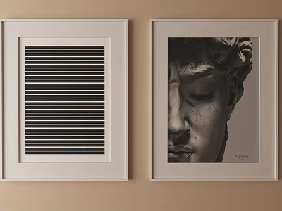 Two Framed Wall Art Pieces With Striped Design And Sculpture Portrait 3d model