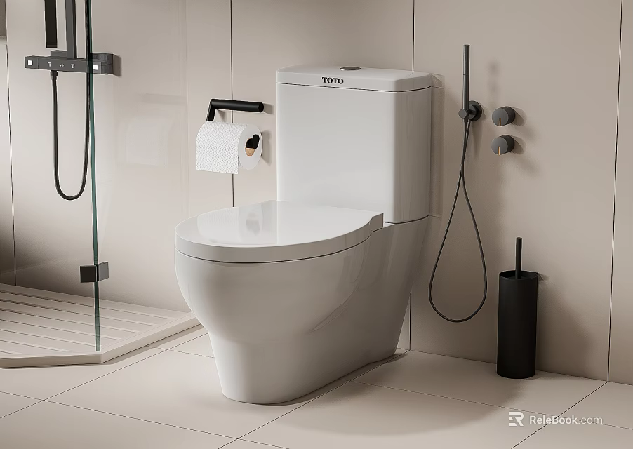 Modern Bathroom Interior With White Ceramic Toilet Sleek Design And Toilet Paper Holder 3d model 