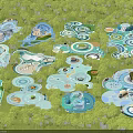Natural Outdoor Children's Play Area With Green Trees And Blue Circular Play Structures