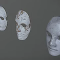 Three White Masks With Worn Rustic Details On Black Background 3d model