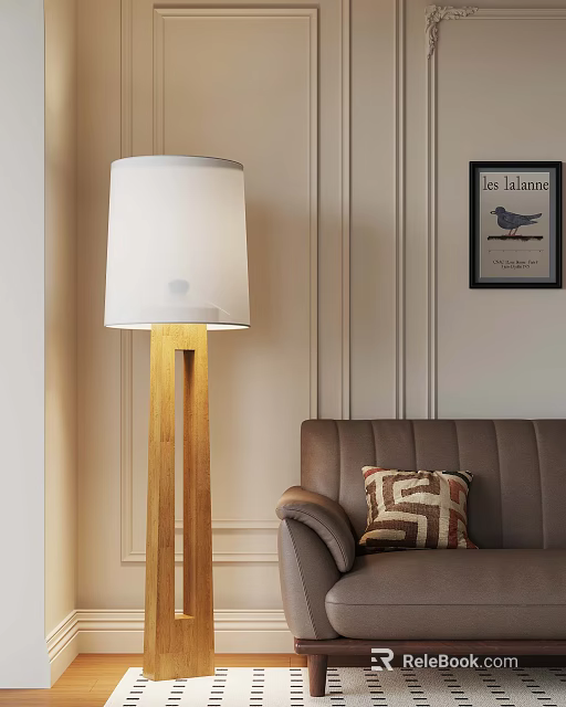 Cozy Living Room With Wooden Floor Lamp White Lampshade Brown Sofa And Geometric Cushion 3d model 