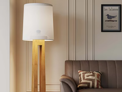 Cozy Living Room With Wooden Floor Lamp White Lampshade Brown Sofa And Geometric Cushion 3d model