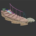 Spiral Stone Steps With Iron Handrail And Potted Plant For Road Facilities