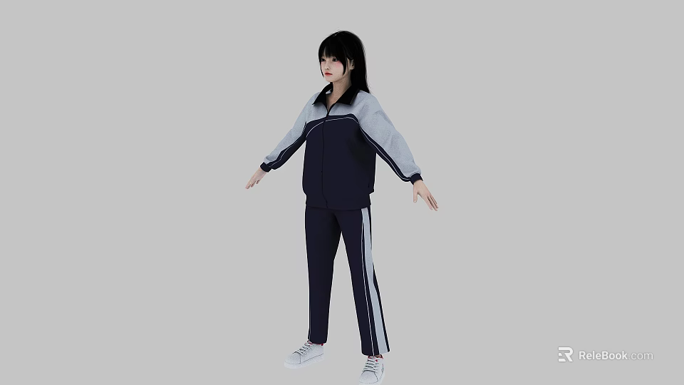 Woman Wearing Dark Blue and Gray Tracksuit with White Striped Pants and White Shoes 3d model 