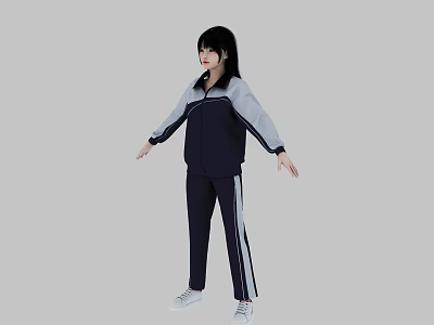 Woman Wearing Dark Blue and Gray Tracksuit with White Striped Pants and White Shoes 3d model
