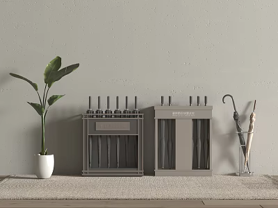 Household Items With Grey Storage Cabinets Transparent Umbrella Stand Green Plant And White Pot 3d model