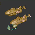 Futuristic Golden Cosmic Aerospace Spaceship Models Floating On Black Background With Reflective Effect