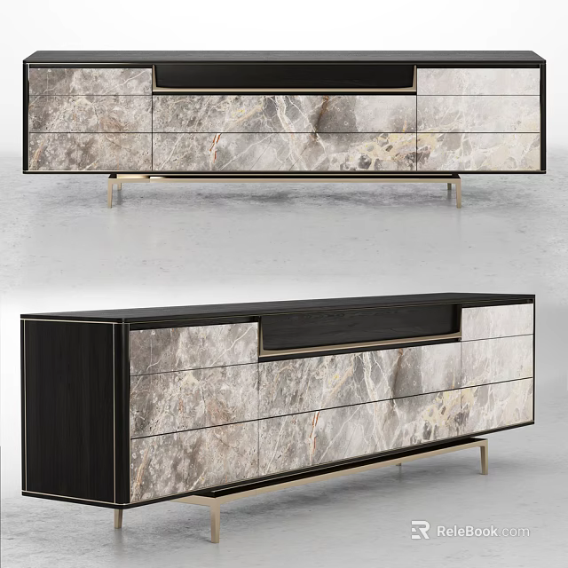 Modern TV Stand With Marble Texture Surface Gold Metal Legs And Black Frame Storage Drawers 3d model 