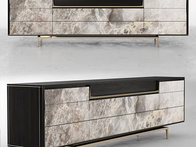 Modern TV Stand With Marble Texture Surface Gold Metal Legs And Black Frame Storage Drawers 3d model