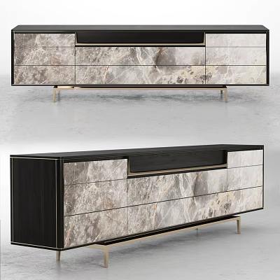 Modern TV Stand With Marble Texture Surface Gold Metal Legs And Black Frame Storage Drawers 3d model