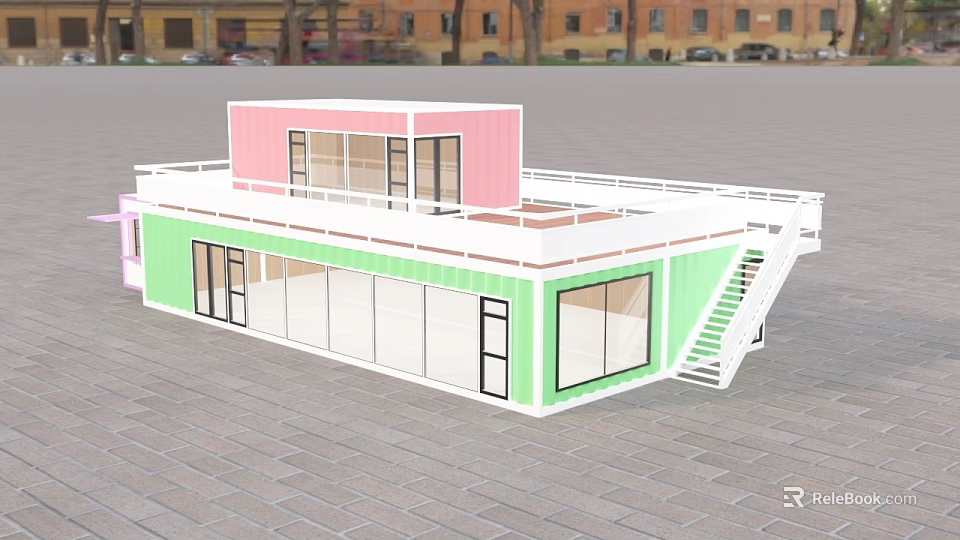 Two Story Container Building With Pink Green Exterior Balcony And Staircase 3d model 