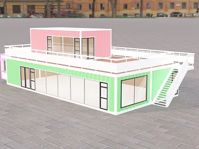 Two Story Container Building With Pink Green Exterior Balcony And Staircase 3d model