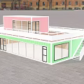Two Story Container Building With Pink Green Exterior Balcony And Staircase