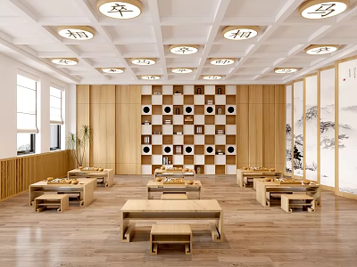 School Classroom In Traditional Chinese Style With Wooden Furniture 3d model