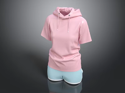 Pink Hooded Short Sleeve Top With Light Blue Shorts Fashion Outfit 3d model