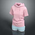 Pink Hooded Short Sleeve Top With Light Blue Shorts Fashion Outfit