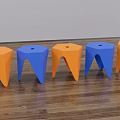 Five Orange And Blue Hexagonal Stools With Unique Leg Design On Wooden Floor 3d model
