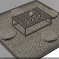 Traditional Wooden Tea Table with Round Floor Cushions on Woven Mat and Tea Set