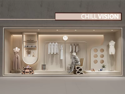 Chill Vision Store Window with Mannequins Hanging White Clothing Shelves and Decorative Items 3d model