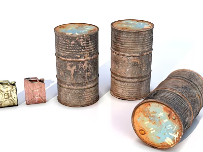 Old Rusty Metal Barrels And Small Metal Blocks With Weathered Texture 3d model