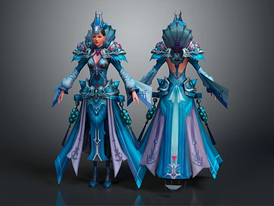 Fantasy Female Character In Blue Ornate Robe With Mythical Creature Elements Front And Back View 3d model