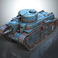 Rusty Blue Military Tank With Turret Heavy Tracks And Vintage Weathered Design
