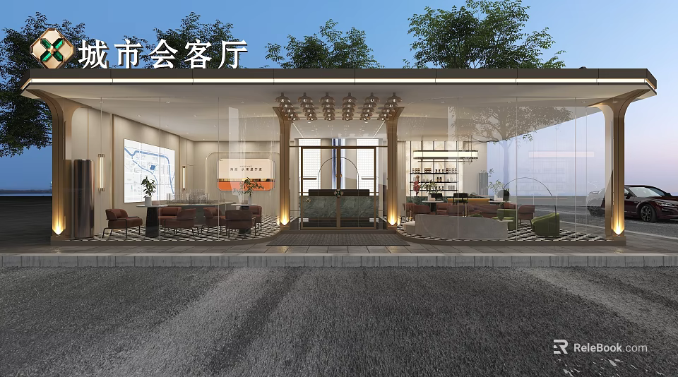 Modern Bright Sales Office With Full Glass Facade And Cozy Urban Reception Lounge Area 3d model 
