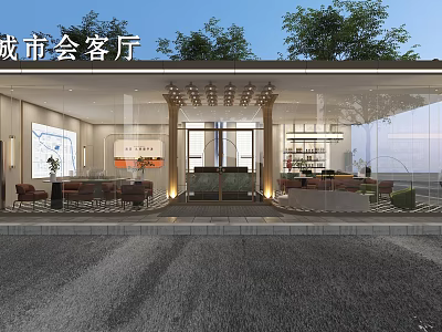 Modern Bright Sales Office With Full Glass Facade And Cozy Urban Reception Lounge Area 3d model