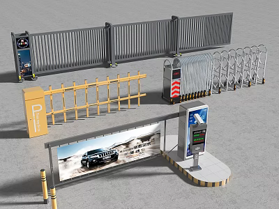 Parking Control Equipment With Barrier Gates Fences P Signs And Car Billboard 3d model