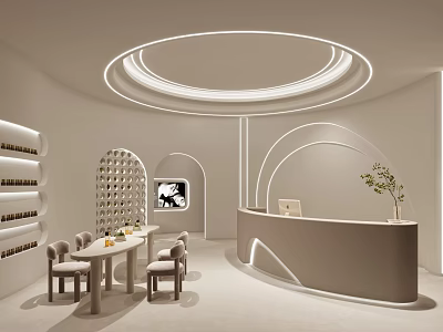 Modern Beauty Hair Salon Interior With Circular Ceiling Lights Curved Reception Desk Tables And Chairs 3d model