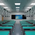 Bright Modern Laboratory Interior With Green Lab Tables Hanging Equipment And Overhead Lights