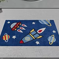 Blue Space themed Square Rug with Rocket Spaceship Planets and Stars