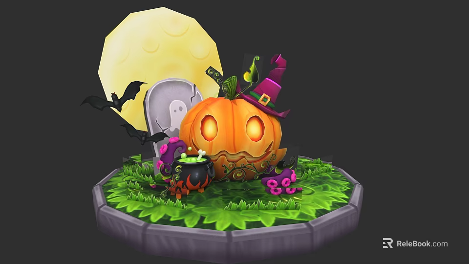 Halloween Decorations With Jack O Lantern Full Moon Tombstone Bats And Boo Sign 3d model 