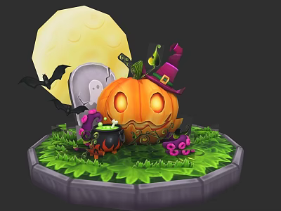 Halloween Decorations With Jack O Lantern Full Moon Tombstone Bats And Boo Sign 3d model