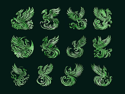 Green Phoenix Design Pendants With Various Intricate Patterns And Styles 3d model