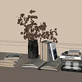 Decorative Ornament Set with Black Vase Brown Leaves Open Book Stacked Books in Minimalist Beige