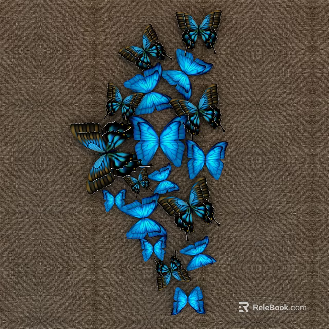 Multiple Blue Butterflies with Black Edges on Brown Textured Background Design 3d model