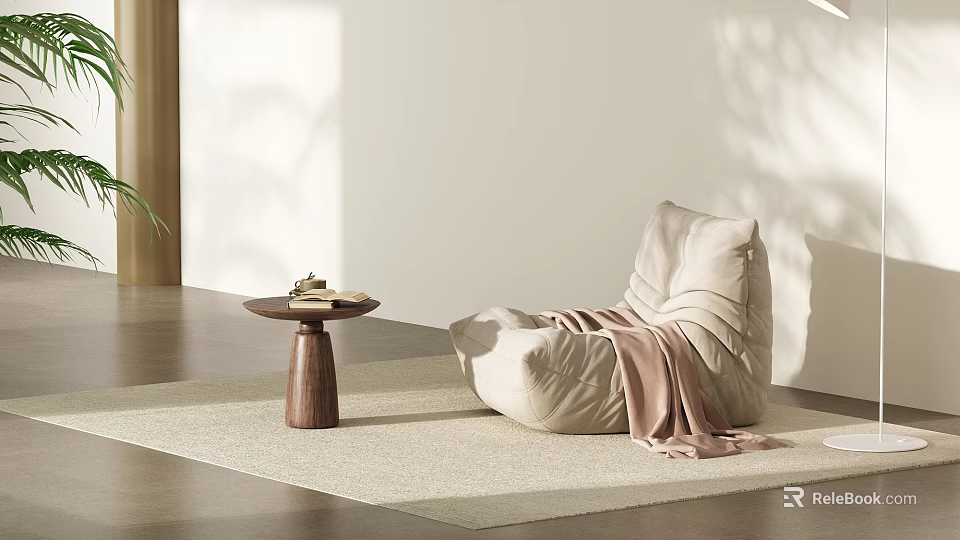 Minimalist Beige Sofa and Brown Wooden Coffee Table Set with Light Rug and Natural Light 3d model 