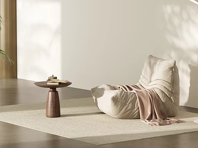Minimalist Beige Sofa and Brown Wooden Coffee Table Set with Light Rug and Natural Light 3d model