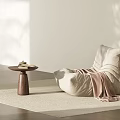 Minimalist Beige Sofa and Brown Wooden Coffee Table Set with Light Rug and Natural Light