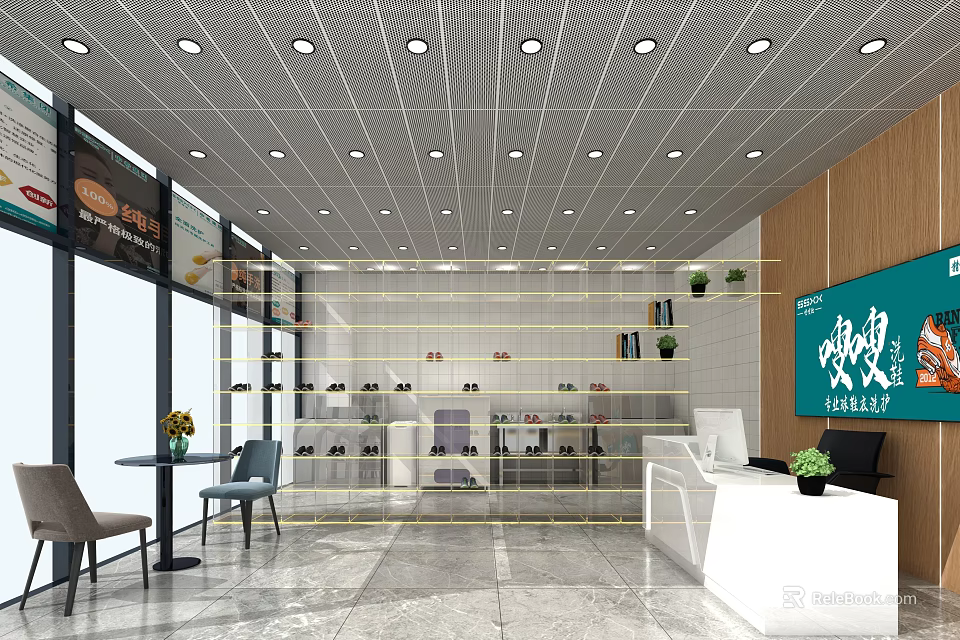 Bright Retail Interior Design With White Counter Shelves Recessed Lights And Tables Chairs 3d model 