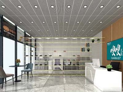 Bright Retail Interior Design With White Counter Shelves Recessed Lights And Tables Chairs 3d model