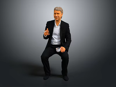 Man Wearing Black Suit Holding White Cup Sitting Against Gray Background 3d model