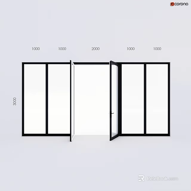 Casement Door with Black Frame Glass Panels Multiple Fixed Sections and Specified Dimensions 3d model 