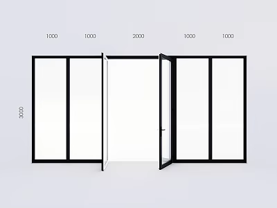 Casement Door with Black Frame Glass Panels Multiple Fixed Sections and Specified Dimensions 3d model