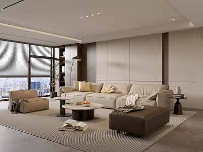 Modern Living Room Interior Design With Beige Sofa And City View Windows 3d model