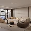 Modern Living Room Interior Design With Beige Sofa And City View Windows