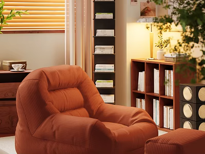 Cozy Orange Corduroy Armchair With Ottoman In Living Room Featuring Bookshelf Plants And Window Blinds 3d model