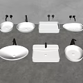 Various Ceramic Washbasins with Faucets in Oval Square Round Shapes on Grey Countertop